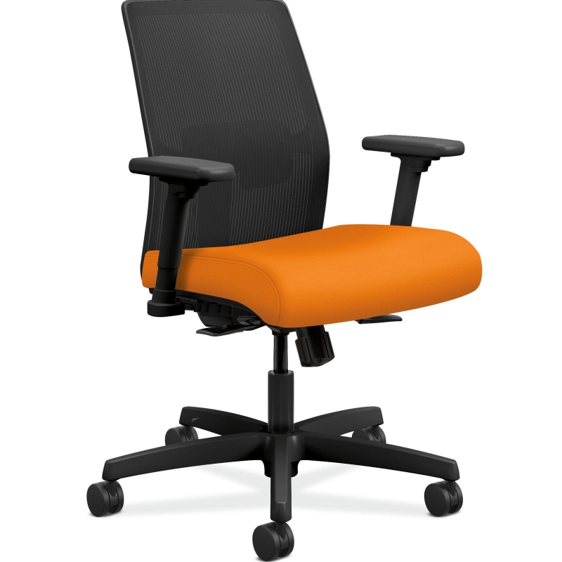 Wheeling office chair with bright orange seat and a high mesh black back and black adjustable arm rests