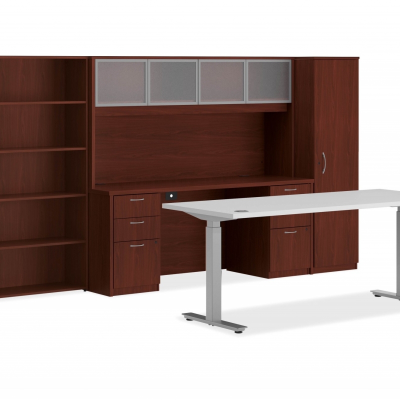 light brown desk with a dark brown hutch behind it. 